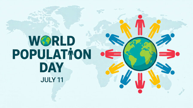 World Population Day July 11 banner, global community concept with diverse people icons around earth globe, international demographic awareness poster