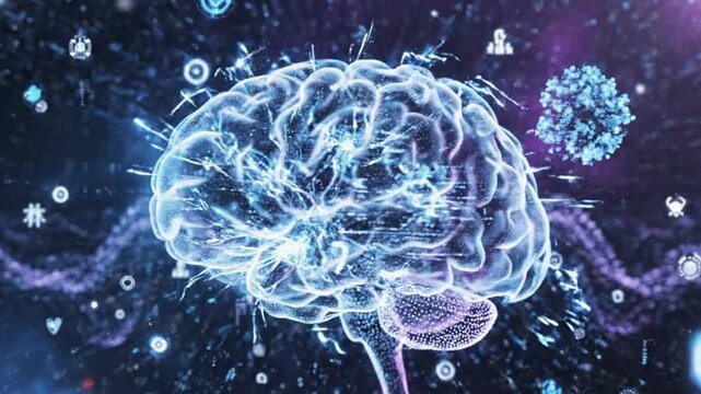 Abstract digital brain with glowing neural networks and technology symbols