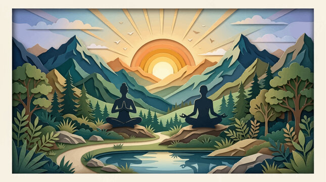Illustration artistique de deux personnes m&eacute;ditant paisiblement dans un paysage montagneux au lever du soleil.