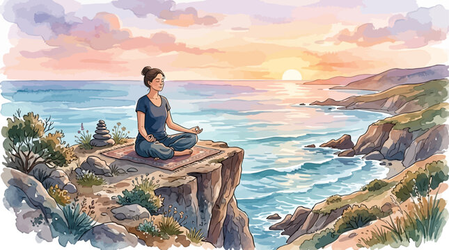 Une femme pratiquant la m&eacute;ditation sur une falaise surplombant l'oc&eacute;an au coucher du soleil.