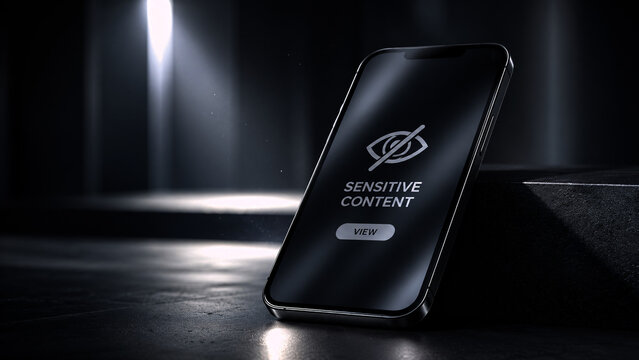 Close up of a smartphone displaying a sensitive content hidden view blur warning message on dark background