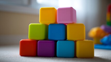 Fototapeta premium Colorful Building Blocks Stacked on a Soft Surface for Playtime