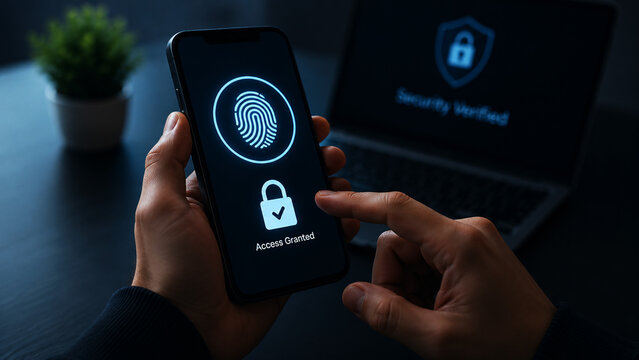 Fingerprint biometric scan security authentication access granted on smartphone and laptop background cyber security concept