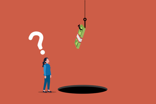 Business opportunity illustration showing Business woman facing uncertain financial reward above risk, symbolizing investment decisions, temptation, and strategy