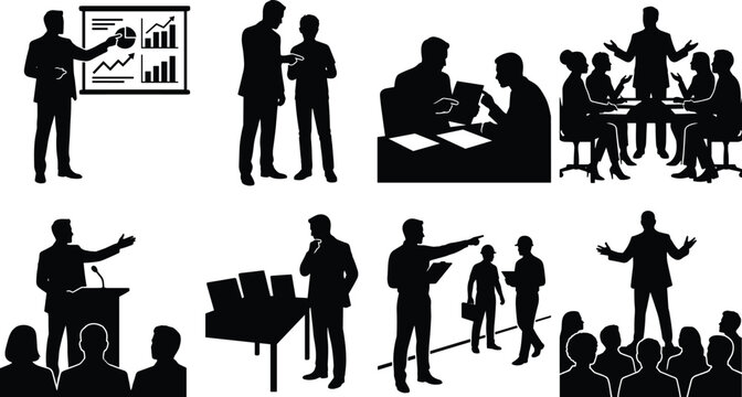 Business presentation corporate training and workforce management people silhouettes isolated on white background flat vector illustration