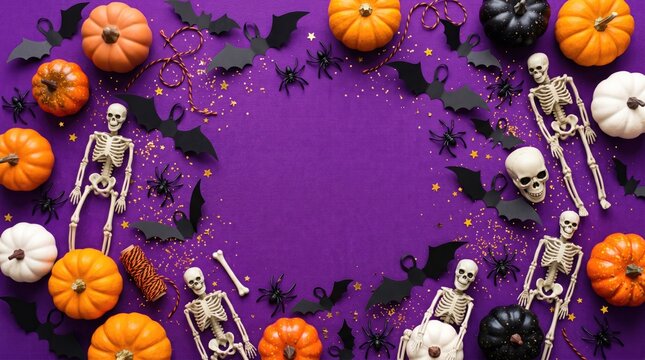 Halloween decorations with pumpkins skeletons bats and spiders on purple background