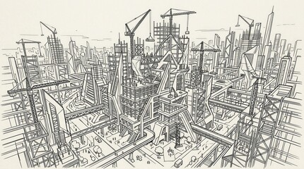 Fototapeta premium Modern Urban Construction Site with Cranes and Architectural Elements