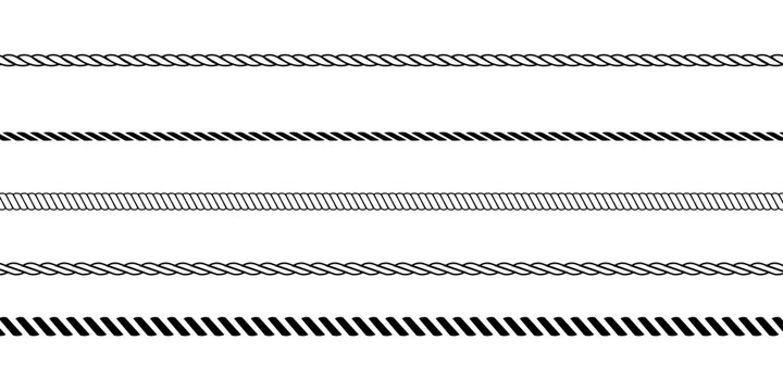 Set of repeating rope pattern. Seamless hemp cord line collection. Chain, braid, plait stripes bundle. Horizontal decorative plait motif. Vector marine twine design elements for banner, poster, frame