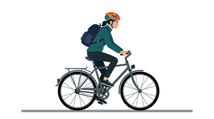 Fototapeta premium Woman wearing helmet and backpack riding a bicycle on a gray road, side view, illustration