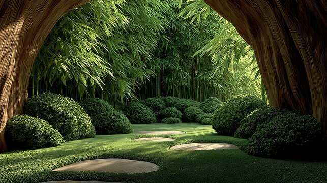 Bamboo archway framing a manicured green garden.