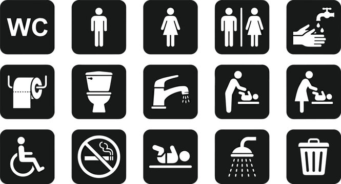 Restroom navigation square icons set including male female handicap baby changing table shower and wc signs vector