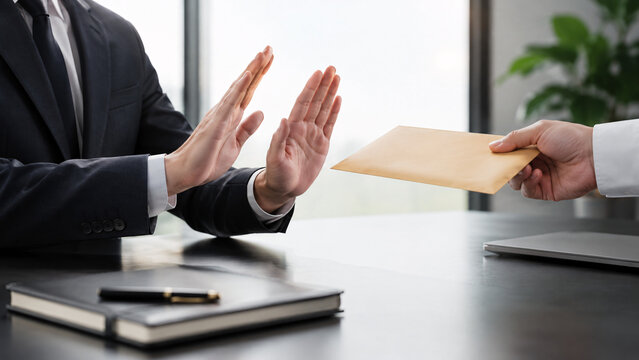 Businessman hand gesture refusing to take bribe money envelope anti corruption business ethics transparency law concept stop fraud illegal payment