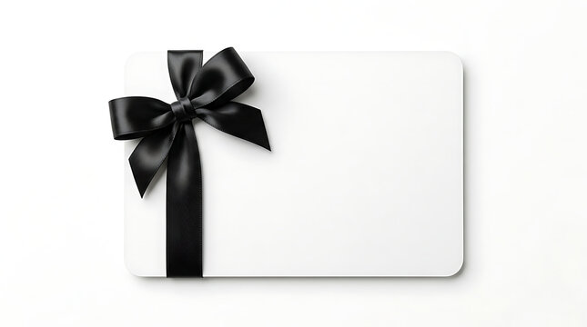 White gift card with black ribbon bow isolated on white background