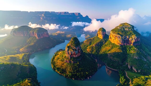 Panoramic aerial view of the Blyde River Canyon with its iconic Three Rondavels.