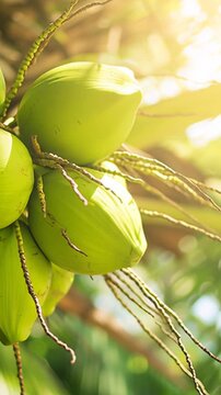 Fresh green coconuts ripening on a palm tree. Bright sunlight creates a beautiful flare, highlighting the lush tropical foliage