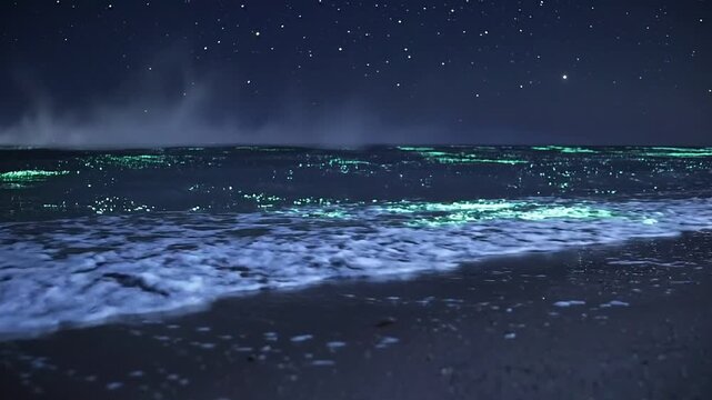 Bioluminescent waves glowing neon green crashing on dark beach under starry night sky view.