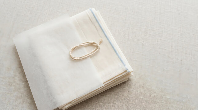 Folded white linen fabric wrapped in tissue paper with twine