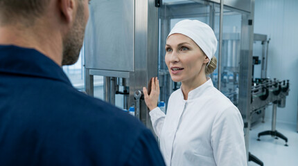 Fototapeta premium Slight low angle over-the-shoulder shot looking past a male operator toward a communicative female technologist as they verify seal compression force next to automated components. 