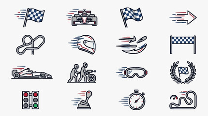 Naklejka premium Corporate Racing and Motorsport Icon Set Modern Flat Design Illustrations of Cars Flags Helmets and Track Elements