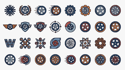 Creative Icons Set Showcasing Wheels Gears Aircraft and Industrial Elements in Blue Orange and Gray Color Scheme © Jaya