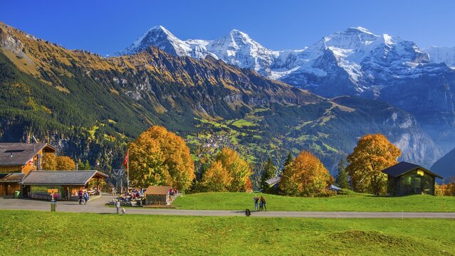 Mountain inn in the hamlet of Sulwald with views of Wengen, Eiger 3967m, M&ouml;nch 4110m and Jungfrau 4158m in autumn, Isenfluh, Lauterbrunnental, Bernese Oberland, Canton of Bern, Switzerland