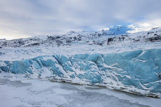 Glacier break in the Fjallsarlon glacier lagoon, drone image, Sudurland, Iceland