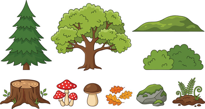 Forest nature elements collection with trees bushes rocks mushrooms stump and ground plants cartoon vector illustration isolated on white