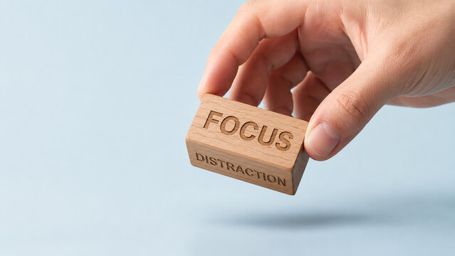Hand holding wooden block with focus word and avoiding distraction mental clarity concentration strategy business concept minimalism background