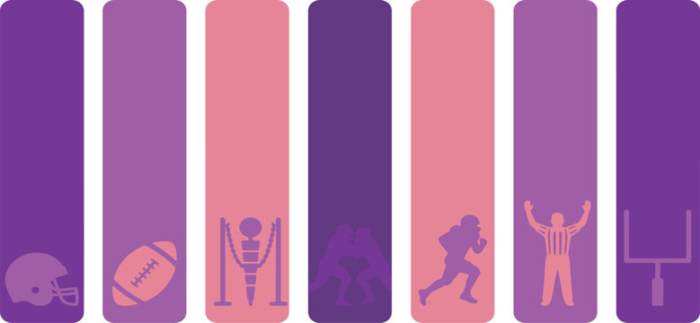 Collection of American football icons and symbols in purple and pink gradient vertical bars.