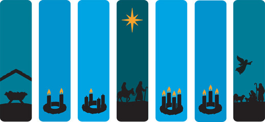 Naklejka premium Christmas Nativity Scene and Advent Wreath Illustrations in Silhouette Style.