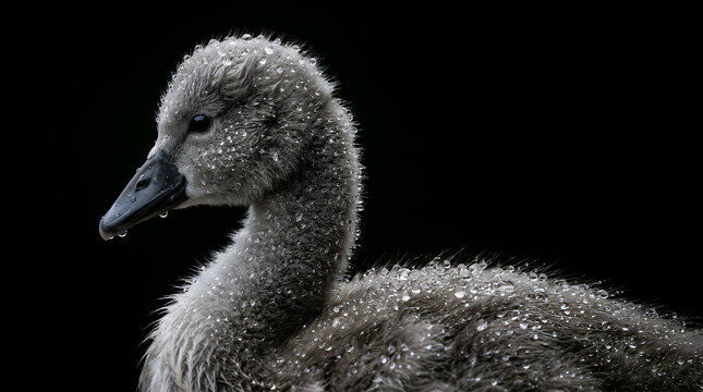 Swan cygnet covered in sparkling water droplets rests against a solid black background which emphasizes the intricate details of its soft grey down and the gentle curve of its young neck.