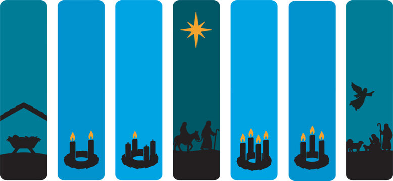 Christmas Nativity Scene and Advent Wreath Illustrations in Silhouette Style.