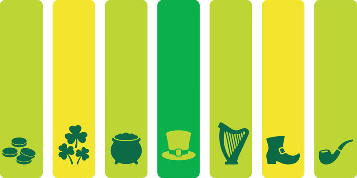 Collection of St. Patrick's Day symbols including shamrocks, pot of gold, leprechaun hat, harp, boot, and pipe.