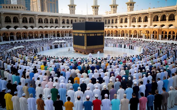 Large crowd of pilgrims gathered around the kaaba in the mosque of mecca during the hajj pilgrimage event