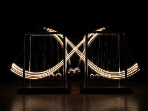 Long exposure of Newtons cradle balls creating glowing motion trails.