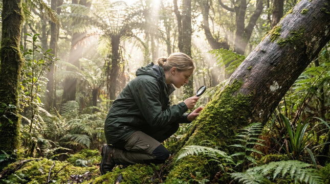 Female ecologist looking through magnifying glass at moss on tree trunk in New Zealand fern forest, biodiversity research concept. 