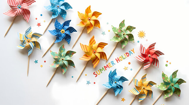 Colorful Pinwheels Arranged on White Background with Summer Holiday Text