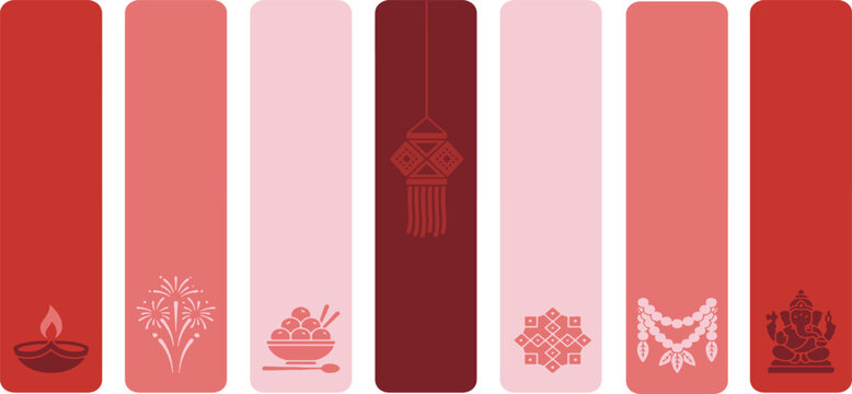 Collection of Indian cultural symbols and motifs in shades of red and pink, celebrating festivals and traditions.