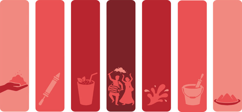 Indian festival celebration elements including colorful powder, drinks, and dancing figures.