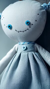 Close up shot slowly zooming towards a cute handmade rag doll with blue button eyes, stitched smile, and a simple blue linen dress