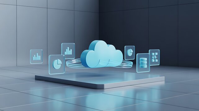 A cloud technology concept featuring data analytics icons hovering above a sleek blue platform in a contemporary workspace. Represents digital innovation and data management. 