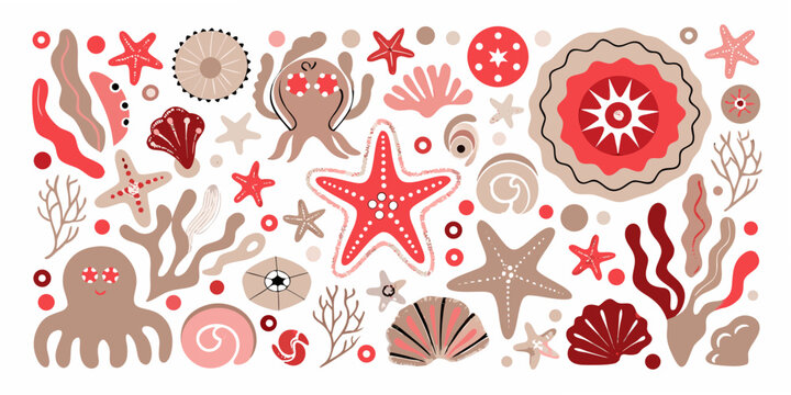 Marine life illustration with starfish octopus and coral in red tones