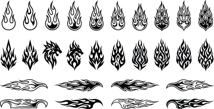Horizontal racing flames and tribal fire decal set for car tuning. Speed-inspired automotive graphics and vinyl sticker designs.