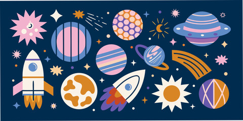 Planets stars and rockets vector illustration on a dark blue background © Tapan