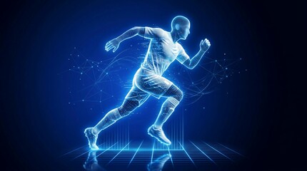 Naklejka premium Futuristic digital runner silhouette in blue neon light, glowing athletic man sprinting through cyber space, high-tech sports performance and data visualization