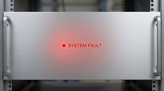Server rack front panel with glowing red system fault warning light and metal handles for data center network infrastructure hardware
