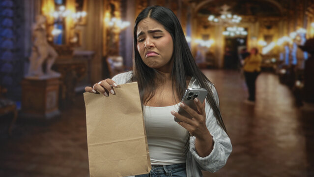 Woman holds paper bag and smartphone in her hand while frowning at the screen in a building; delivery frustration.