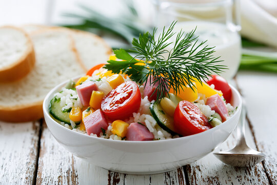 Fresh Rice Salad with Ham and Vegetables AI Generative