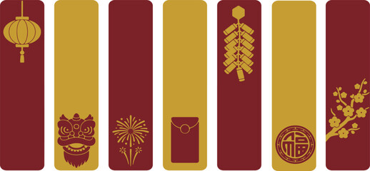 Chinese New Year Symbols Collection on Red and Gold Vertical Banners. © Riki