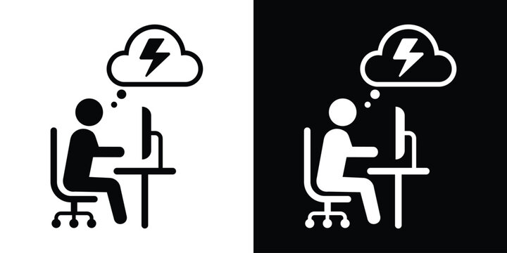 Businessman working on a desktop computer under a storm cloud, symbolizing high work pressure or a breakthrough idea.